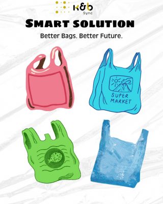 A branded K&B Sync visual showing colorful reusable shopping bags with the tagline “Smart Solution – Better Bags. Better Future.” This highlights the company’s focus on promoting sustainable packaging for global markets, replacing single-use plastics with eco-friendly alternatives.