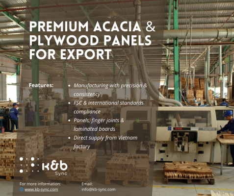Inside K&B Sync’s Vietnam factory showing the production of Acacia and plywood panels, with workers operating machinery and stacks of wooden boards prepared for export.
