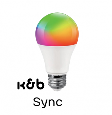 A K&B Sync smart LED bulb (GT-WB080) showcasing its color-changing capabilities.