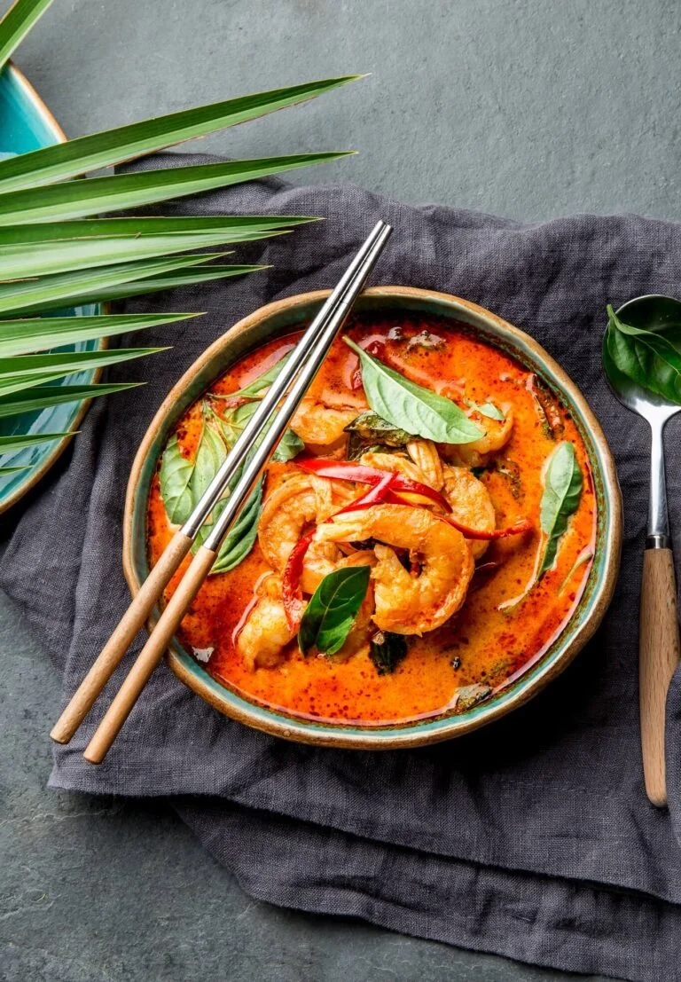 Thai red panang shrimp curry made with coconut milk